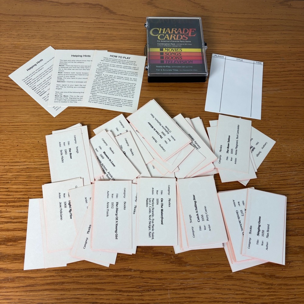 Vintage 1984 Charade Cards Combination Pack 96 Titles Movies Songs Books TV